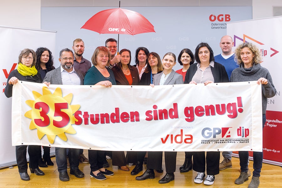 35 Stunden sind genug! Deshalb wollen die ArbeitnehmerInnen bei den Kollektivvertragsverhandlungen der Sozialwirtschaft eine Arbeitszeitverkürzung bei vollem Lohnausgleich durchsetzen