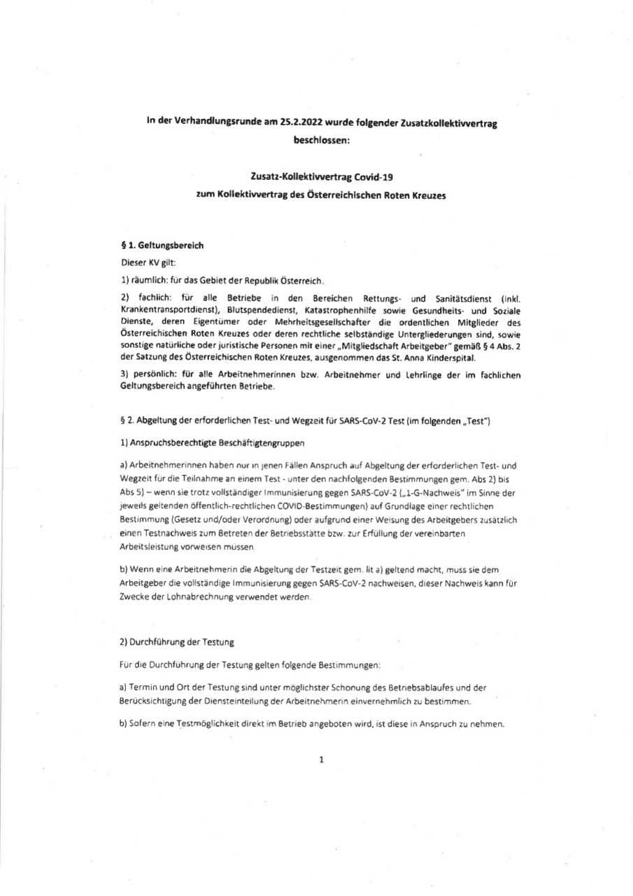 Zusatz-Kollektivvertrag Covid-19 zum Kollektivvertrag des Österreichischen Roten Kreuzes 2022