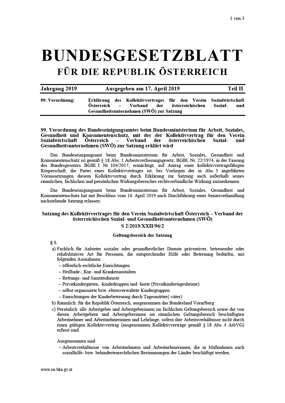 Bundesgesetzblatt SWÖ 2019 - Erklärung zur Satzung