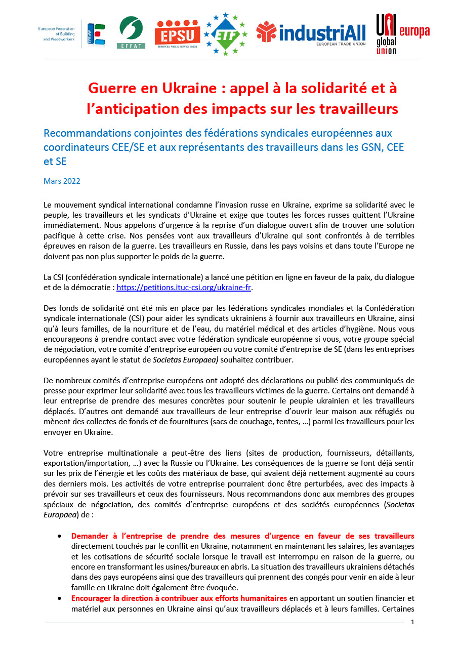 (FR) Appel à la solidarité et à l’anticipation des impacts sur les travailleurs